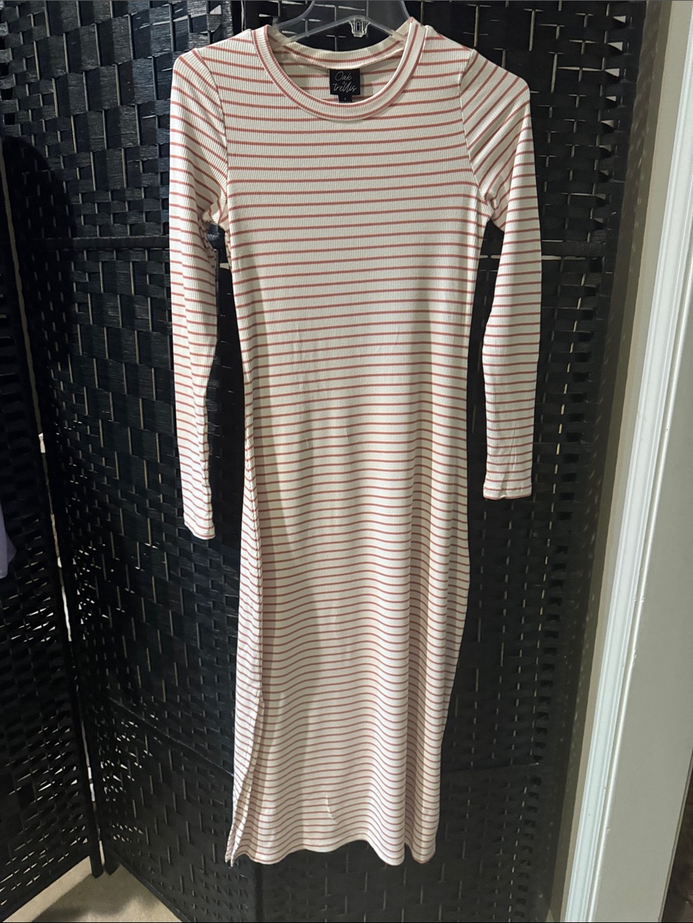 Classic Long-Sleeve Maxi Dress in Cream with Coral Stripes